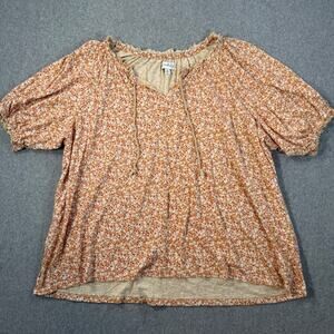 Wonderly Floral Puff Sleeve Blouse Women's 2X Short Sleeve Tassel V-neck Orange